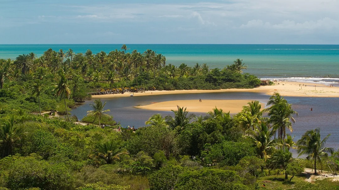 Rio Caraíva e a praia vistos do alto, em Porto Seguro (BA)