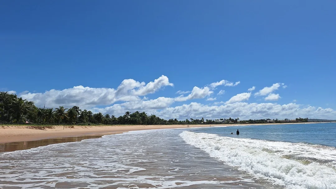 Ondas e longa faixa de areia da praia de Itacimirim, em Camaçari (BA)