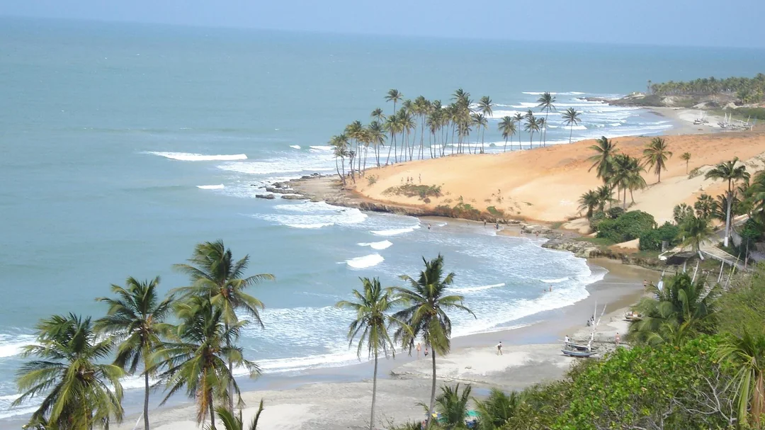 Coqueiros e enseada da praia da Lagoinha vistas do alto, em Paraipaba (CE)